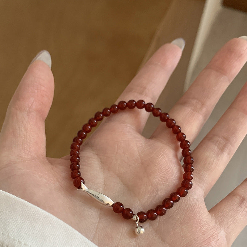 S925 Sterling Silver Fresh Style Red Agate Small Fish Bracelet for Women, Niche Design, Light Luxury, Versatile New Bracelet