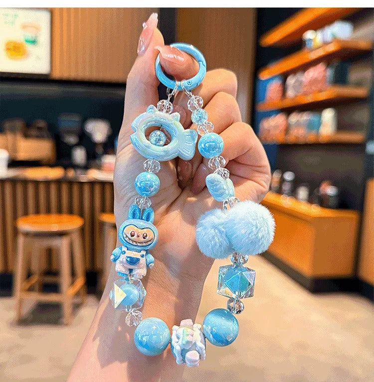 New Labubu wool ball bead Phone Chain Girls Kawaii Cartoon Backpack Pendant Cute Keychain Lanyard Bag Charm Mobile Case Gift