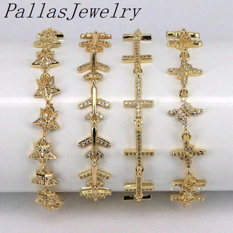 5Pcs Paved Crystal Gold Plated New Star Butterfly Airplane Plane Chain bracelet Adjustable Charm for Girls Woman Jewelry