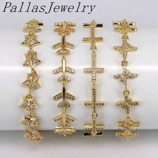 5Pcs Paved Crystal Gold Plated New Star Butterfly Airplane Plane Chain bracelet Adjustable Charm for Girls Woman Jewelry