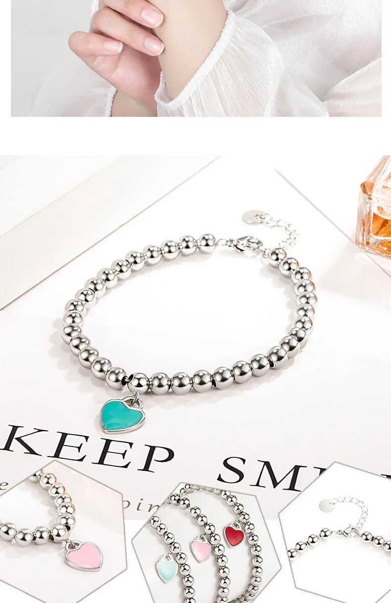 Designer 925 Silver Jewelry Necklace Woman Retro Heart-Shaped Enamel For Girls Cute Silver Bead Birthday Gift