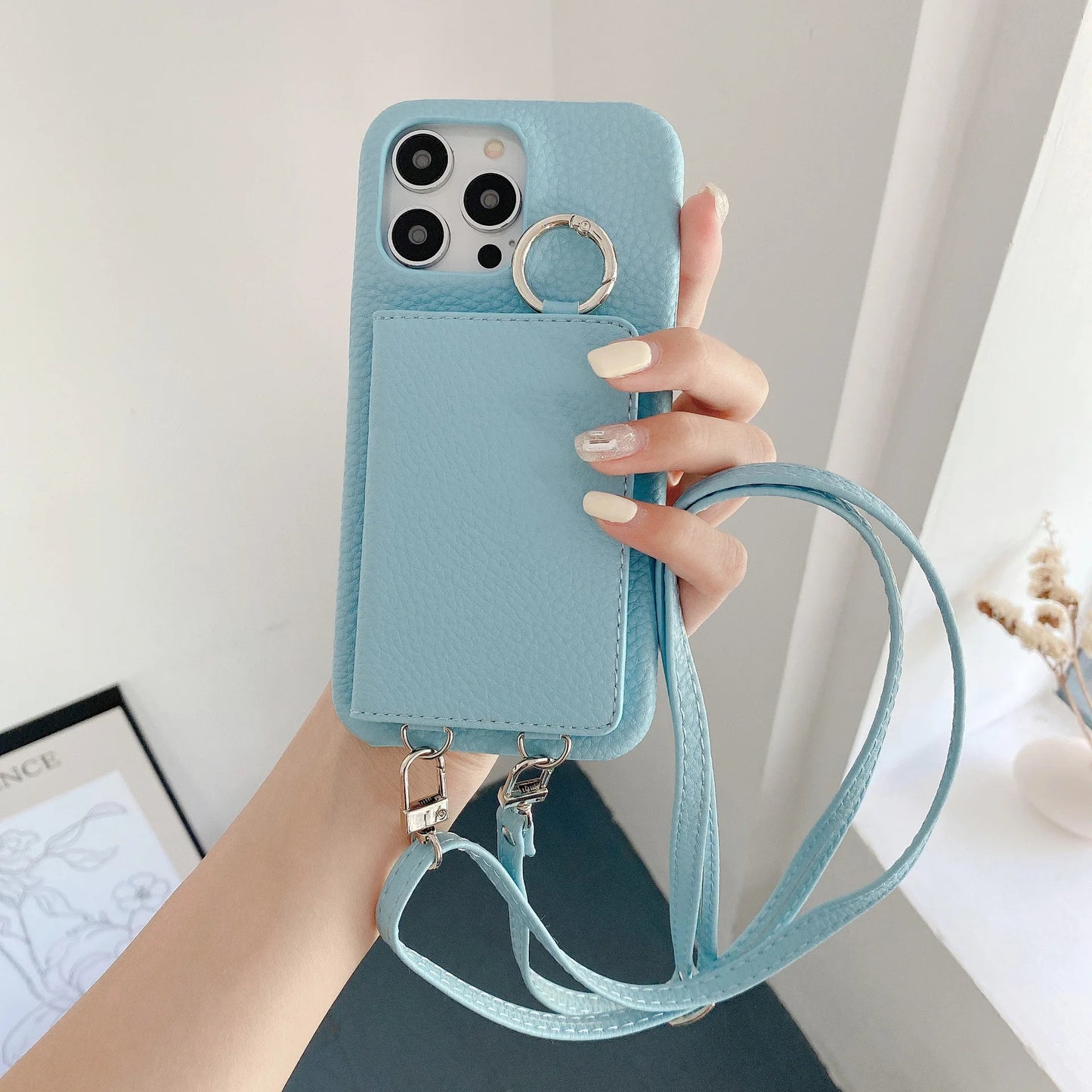 Ring Holder Mirror Card Slot Case For iPhone 13 12 Mini 16E 16 15 14 11 Pro XS Max 8 Plus Crossbody Wallet Lanyard Leather Cover