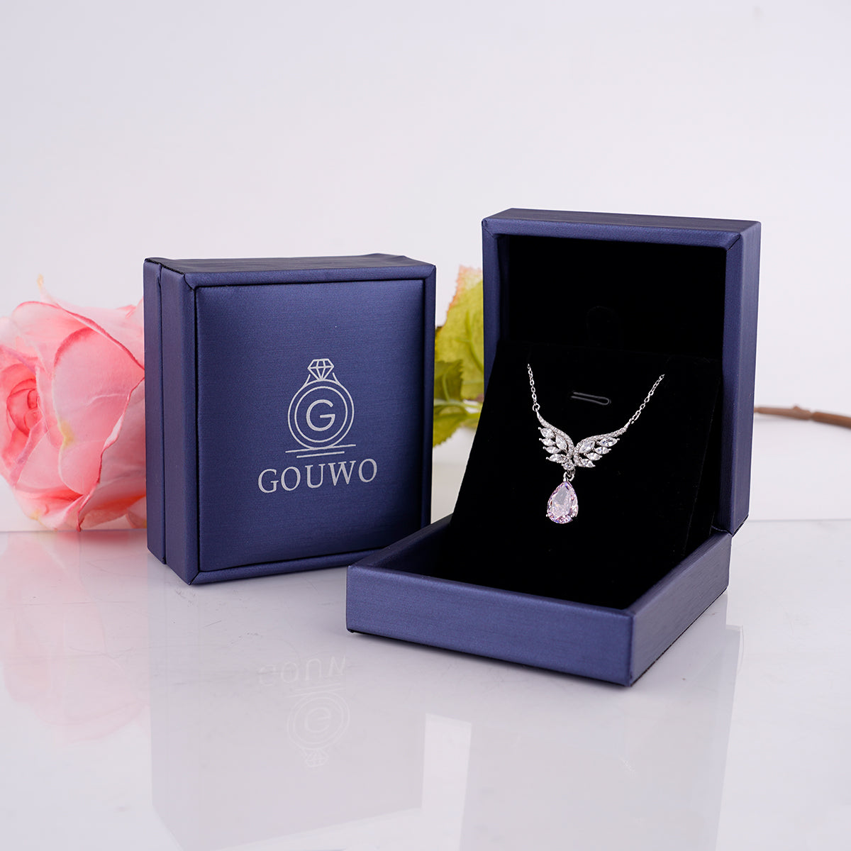 Hot Selling Pink Water Drop Butterfly Wing Large Zircon Pendant Titanium Steel Necklace for Women High-end Clavicle Chain