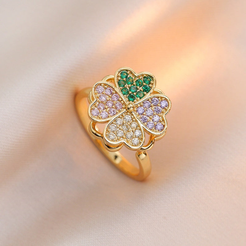 Rotating Ring for Women with Micro Paved Zircon, Elegant and Minimalist Style, Versatile Full Diamond Round Clover Ring Jewelry