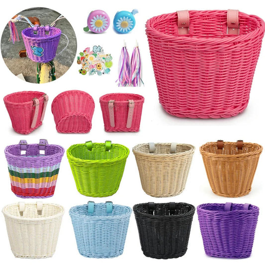 Front Handlebar Bicycle Basket Adjustable Traditional Bicycle Basket Multifunction Hand Woven Bike Basket for Kids Children Bike