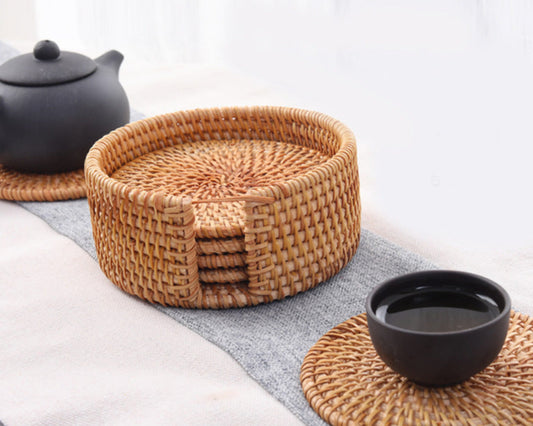 In Stock Vietnam Rattan Coaster Handmade Round Tabletop Tea Coaster Autumn Rattan Dining Table Western Food Mat Heat Insulation Tea Set Accessories