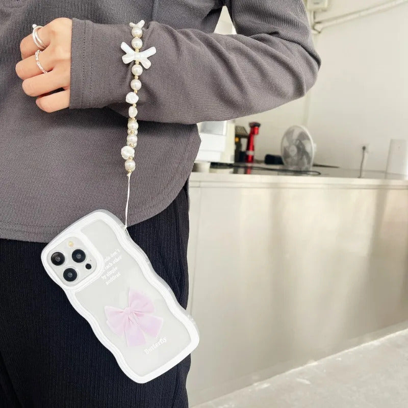 1pc Acrylic Mobile Phone Chain DIY Handmade Pearl Heart Bowknot Bear Beads for Women Girls Charm Telephone Lanyard Hanging Rope