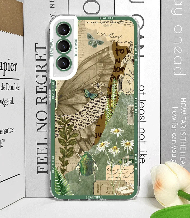 Cool Green Retro Flower Stickers Phone Case for Samsung Galaxy A55 A54 A53 A52 A51 A70 A22 A13 4G 5G Soft TPU Clear Cover Fundas