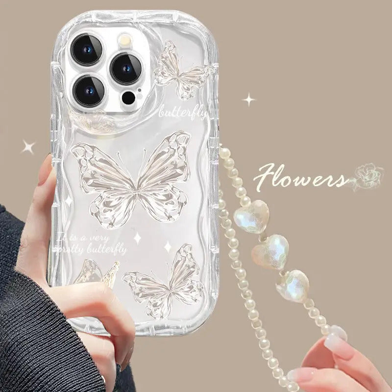 Fashion Butterfly Phone Case for Iphone 15 16 Pro Max 16e 11 12 13 14 Pro Max 16 Plus XR 13 Mini Cover with Heart Bracelet Chain