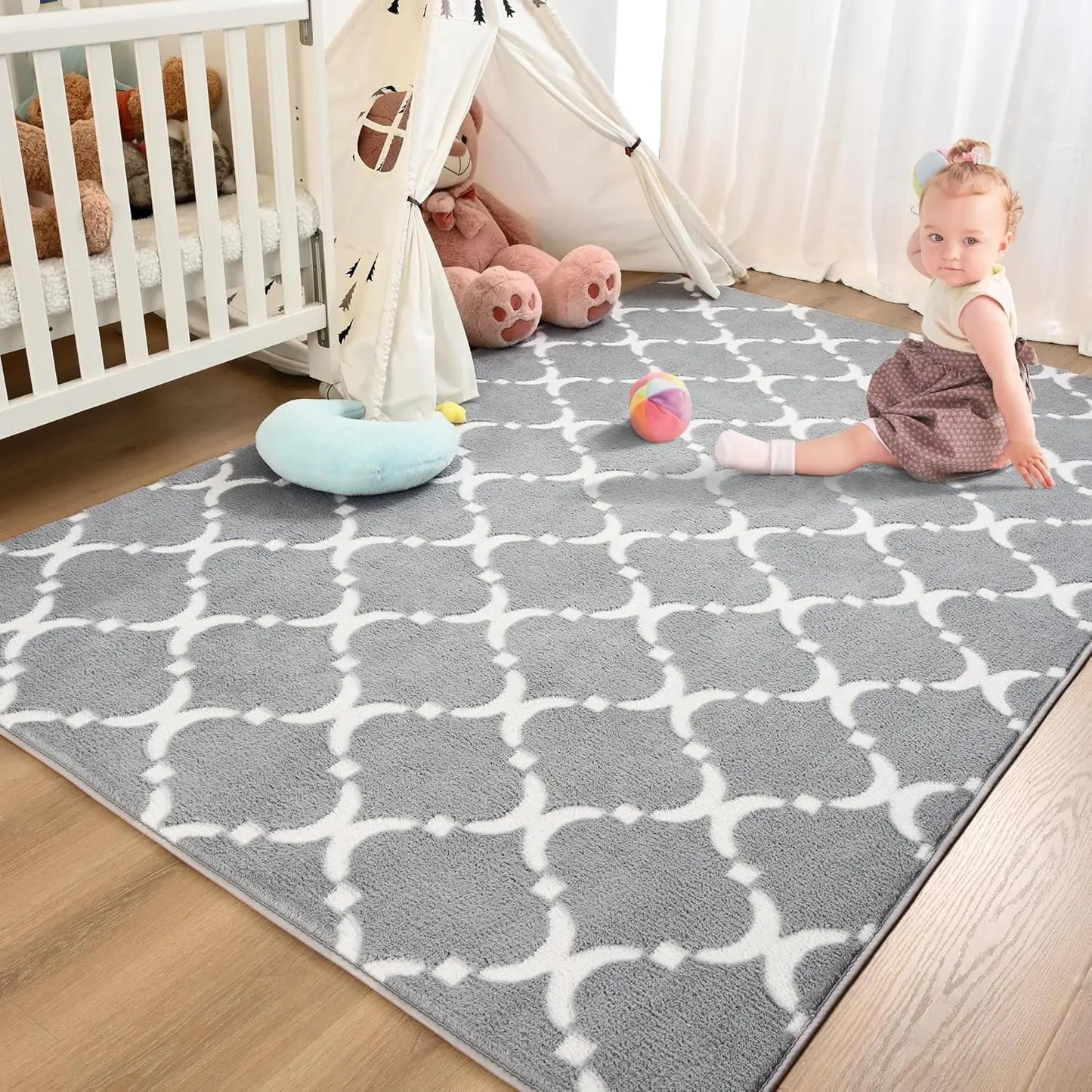 Large Shag Area Rug Memory Foam Living Room Rug 6x9 Feet, Black Plush Geometric Bedroom Rug, Indoor Carpet for Kids Room Decor