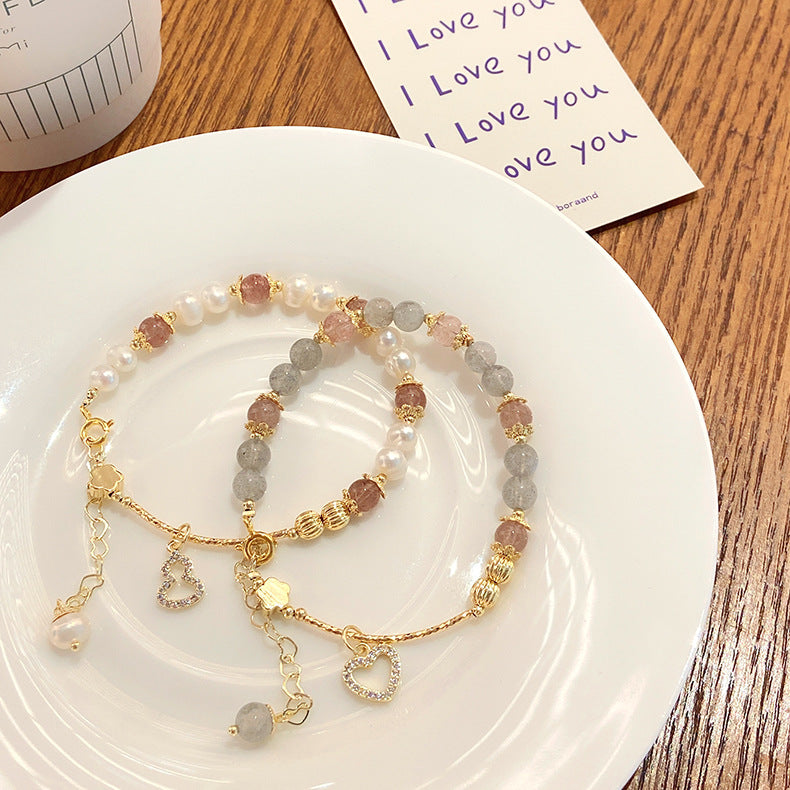 New Style Super Fairy Sweet Strawberry Crystal Bracelet Fresh Ins Gourd Pendant Bracelet String Grey Moonlight Bracelet