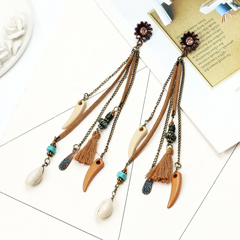 Earrings Bohemian Hair Long Tassel Shell Horn Sunflower Earrings