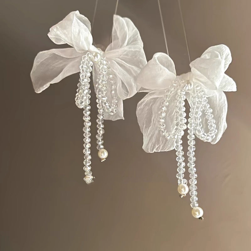 Silver Needle Inlaid with Diamonds and Pearls Flower Tassel Earrings Niche Style Atmosphere Earrings Fashionable Light Luxury High-end Earrings