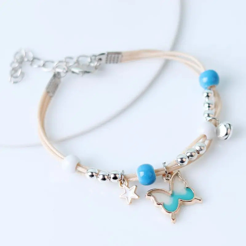 Kpop Cute Colorful Butterfly Bracelet for Women Girl Fashion Hand-woven Star Bell Beads Flower Pendant Bracelet Sister's Jewelry