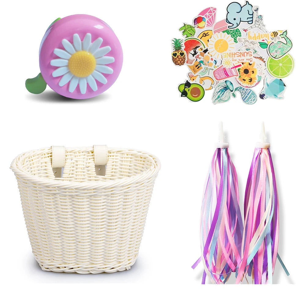 Front Handlebar Bicycle Basket Adjustable Traditional Bicycle Basket Multifunction Hand Woven Bike Basket for Kids Children Bike