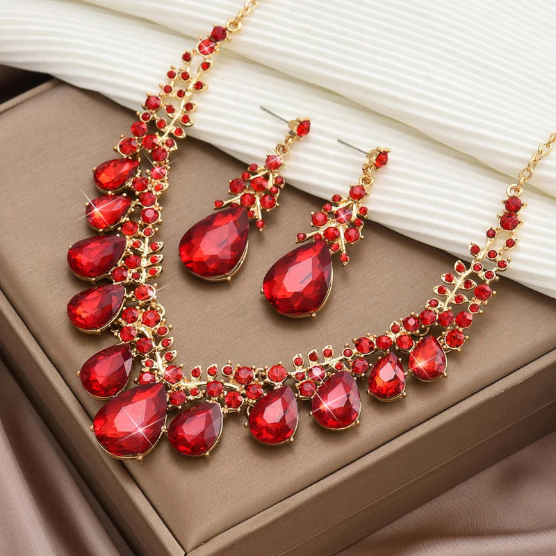 3PC Women's Fashion Trendy Charm Crystal Water Drop Necklace Earrings Jewelry Set Wedding Banquet Party Holiday Gift