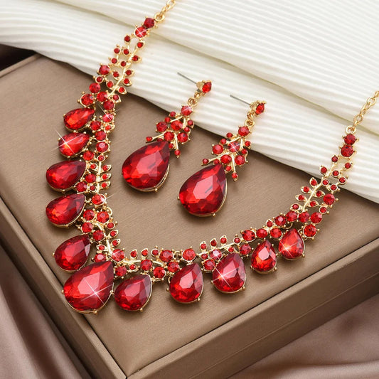 3PC Women's Fashion Trendy Charm Crystal Water Drop Necklace Earrings Jewelry Set Wedding Banquet Party Holiday Gift