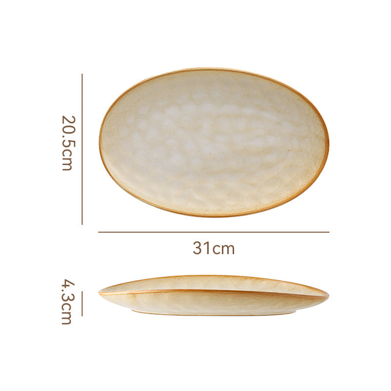 Vintage Coarse Pottery Oval Ceramic Long Plate Restaurant Home Large Capacity Personalized Fish Plate Sushi Pastry Dessert Display Plate