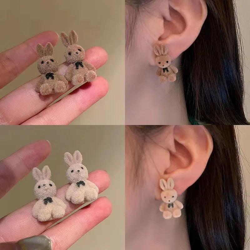 Cute Flocking Plush Rabbit Bear Stud Earrings Kawaii Brown Khaki Animal Earrings For Women Girls Korean Earring Jewelry