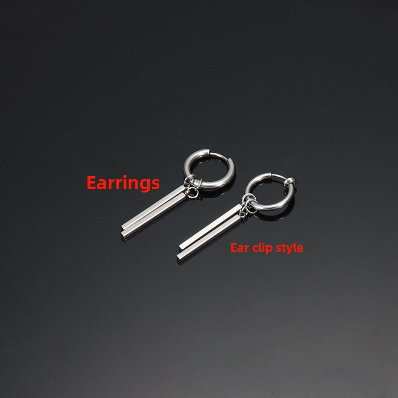 Rectangular Stick Double Stick Earrings Men's Titanium Steel Long Bar Ear Clips Women's Niche Simple High-end Accessories Jewelry