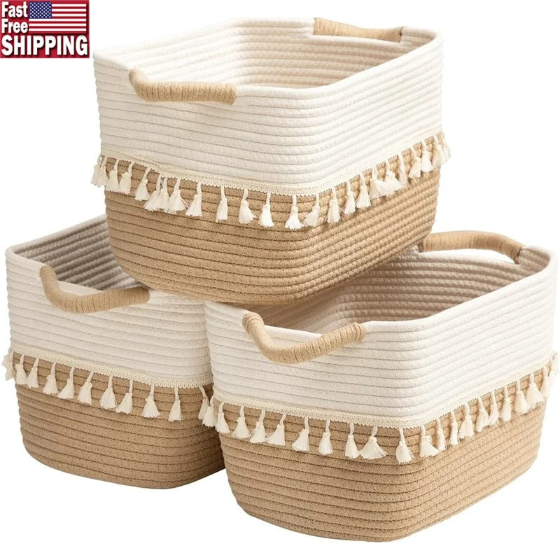 Set of 3 Woven Cotton Storage Bins Versatile Rope Baskets Organizing Home Toys Clothes and Essentials