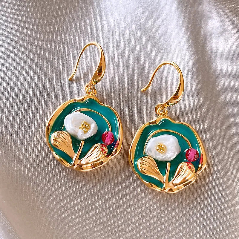 Vintage Oil Painting Style Flower Earrings Fashion Imitates Pearl Geometric Drop Earrings High-End Wedding Jewelry Accessories