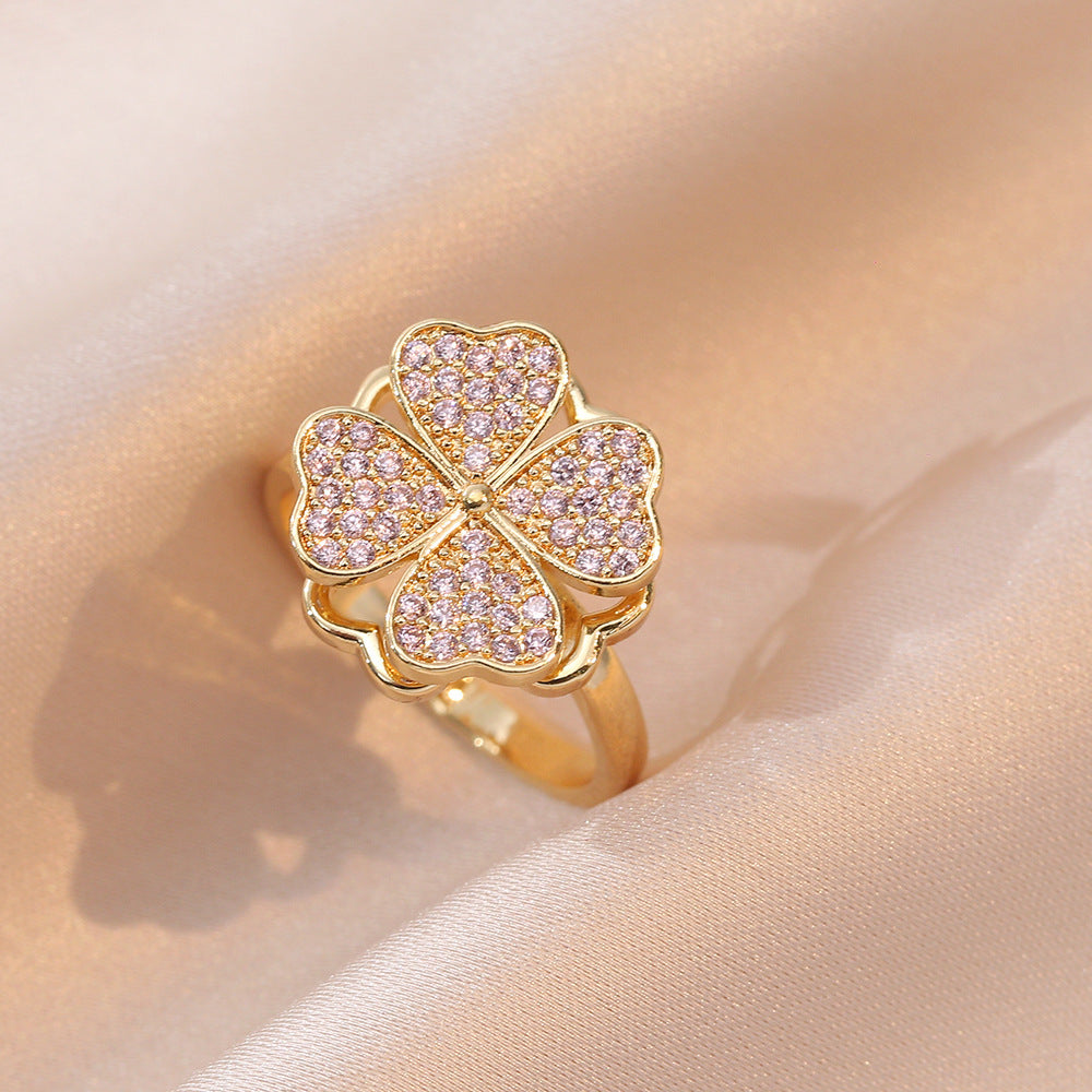 Rotating Ring for Women with Micro Paved Zircon, Elegant and Minimalist Style, Versatile Full Diamond Round Clover Ring Jewelry