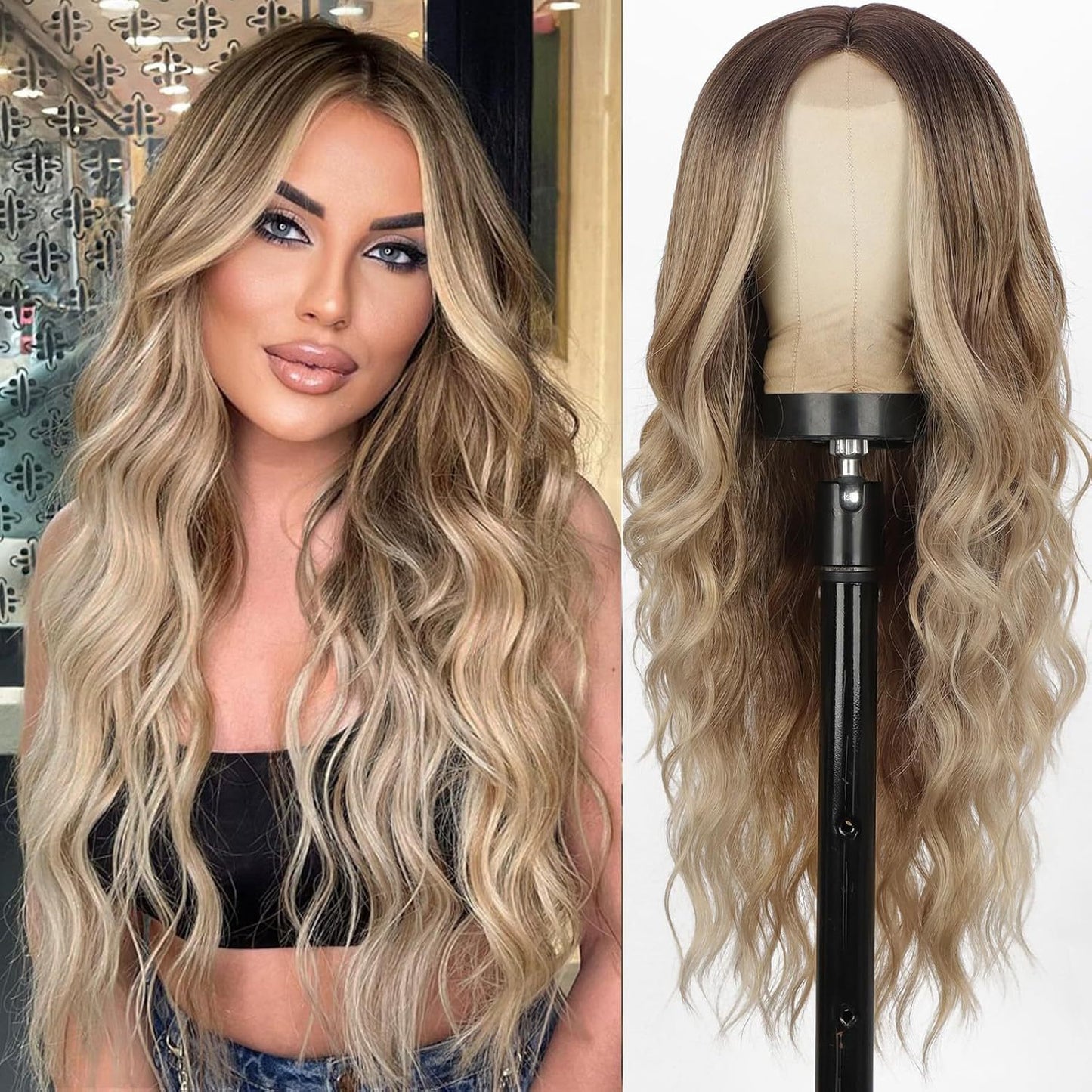 Xuchang European and American Style Wig for Women, Front Lace Wig, Middle Part, Small Lace, Highlighted Long Curly Hair, Synthetic Fiber Wig, Export Wigs