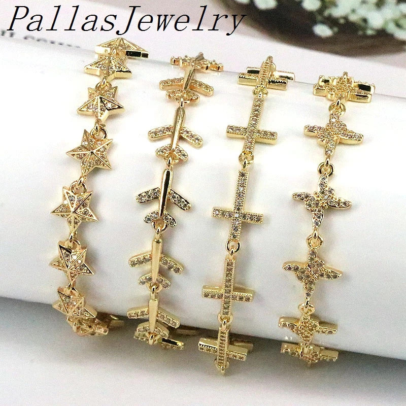 5Pcs Paved Crystal Gold Plated New Star Butterfly Airplane Plane Chain bracelet Adjustable Charm for Girls Woman Jewelry