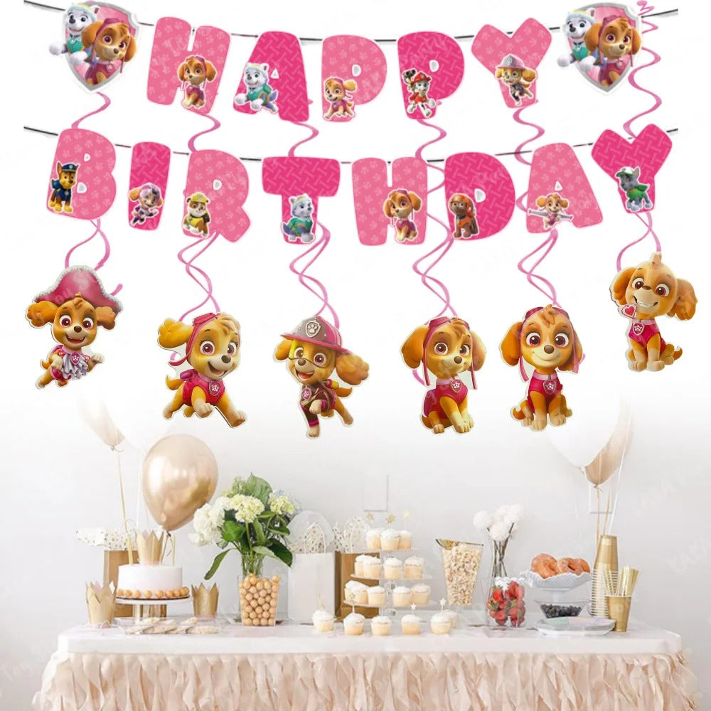 Skye Paw Patrol Birthday Decoration Pink Theme Paper Banner and 6 Hanging Swirls for Kids Girls Baby Shower Party Supplies Set