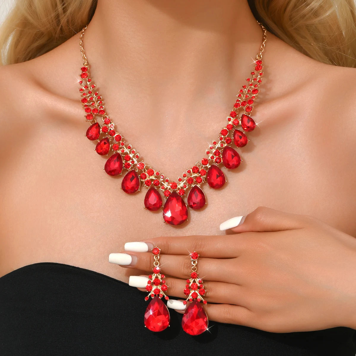 3PC Women's Fashion Trendy Charm Crystal Water Drop Necklace Earrings Jewelry Set Wedding Banquet Party Holiday Gift