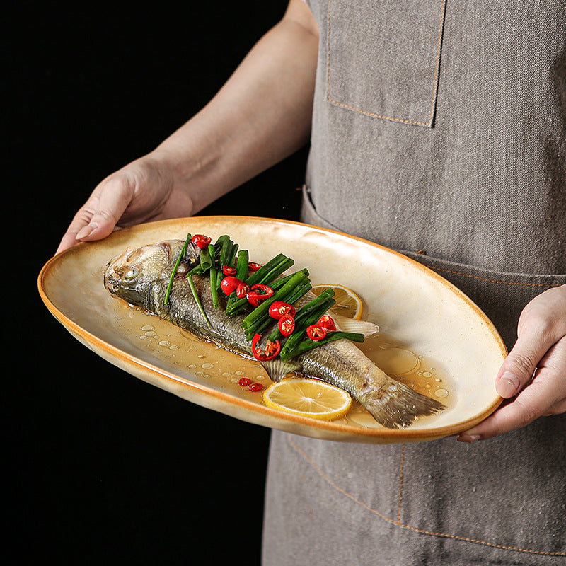 Vintage Coarse Pottery Oval Ceramic Long Plate Restaurant Home Large Capacity Personalized Fish Plate Sushi Pastry Dessert Display Plate