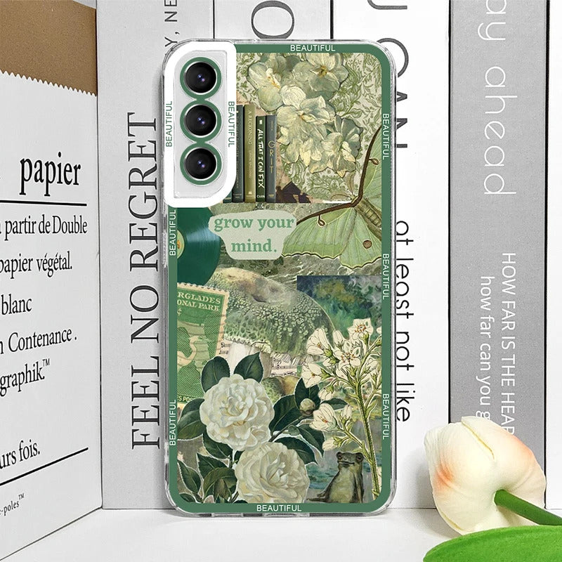 Cool Green Retro Flower Stickers Phone Case for Samsung Galaxy A55 A54 A53 A52 A51 A70 A22 A13 4G 5G Soft TPU Clear Cover Fundas