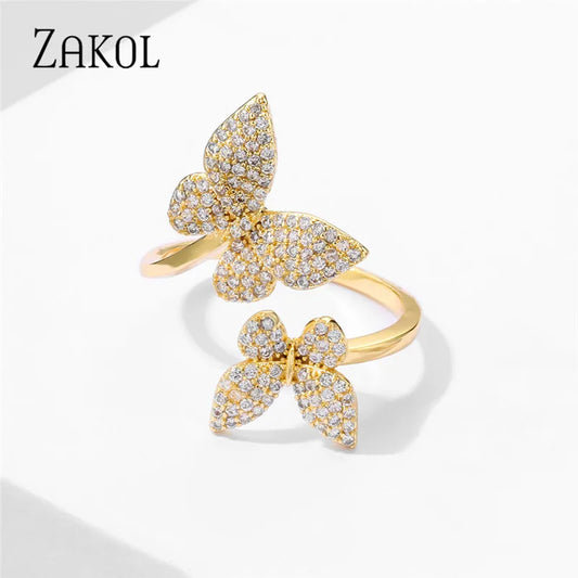 ZAKOL Exquisite Micro Inlay Zircon Butterfly Open Rings for Women Fashion Wedding Party Jewelry