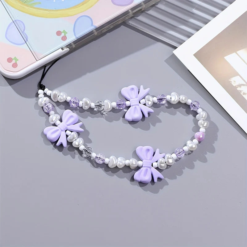 Korean Kawaii Pink Bowknot Beaded Phone Chain Fashion Delicate Keychain For Women Girls Sweet Bag Decoration Accessories Gifts