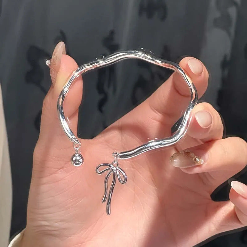 New Trendy Silver Color Bowknot Bracelet for Women Cute Romantic Round Ball Adjustable Cuff Bracelet Jewelry Birthday Gift