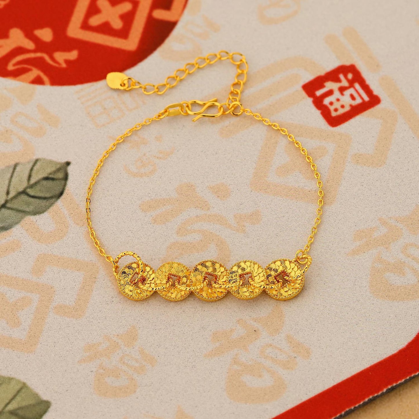 Crushed Ice Five Emperor Coins Bracelet for Women, Chinese Style Coin Design, Elegant and Versatile High-end Jewelry, Gift for Girlfriend