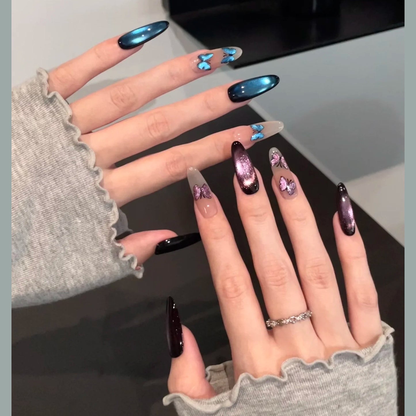 Dairison [Magic Butterfly] Wearable Nails Pure Handmade Advanced AB Glass Bead Cat Eye Dynamic Butterfly Nail Tips