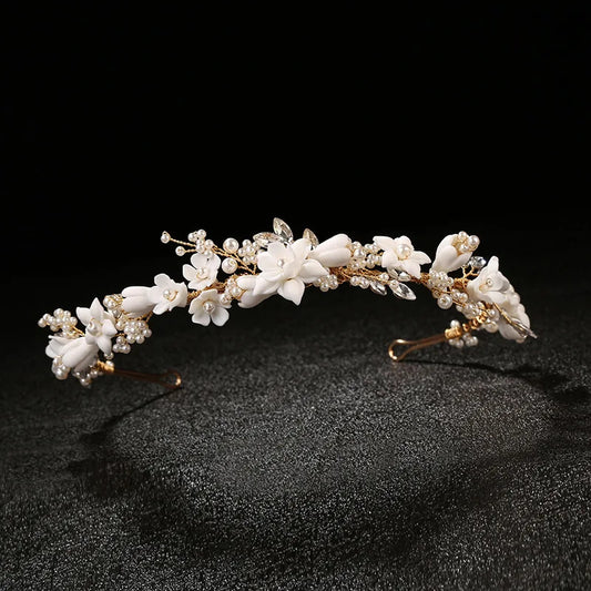 SLBRIDAL Handmade Luxury Rhinestones Crystal Pearls Ceram Flower Bridal Tiara Wedding Bridesmaids Crown Women Hair Jewelry