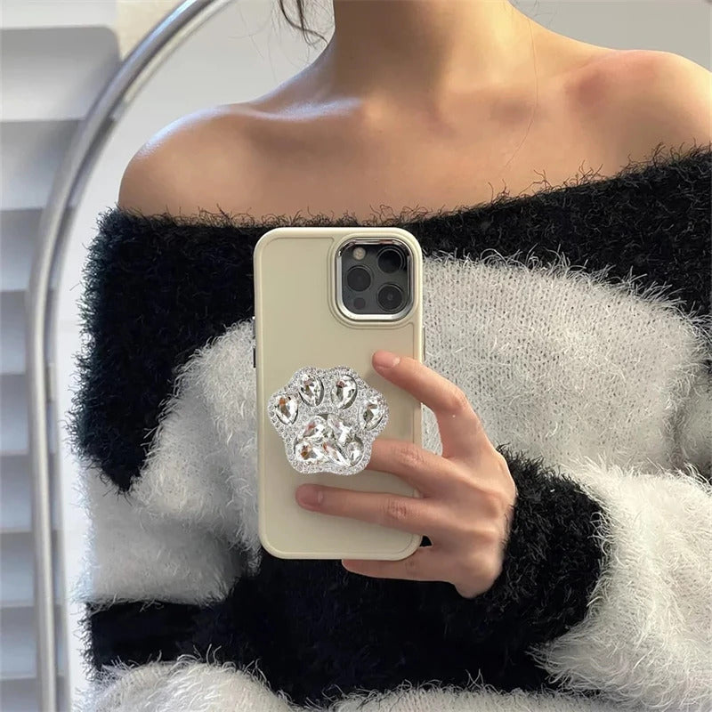 3D Cute Cat Paw Diamond Folding Finger Ring Griptok Phone Holder for IPhone 16 15 Support Socket Pocket Grip Tok Stand Bracket