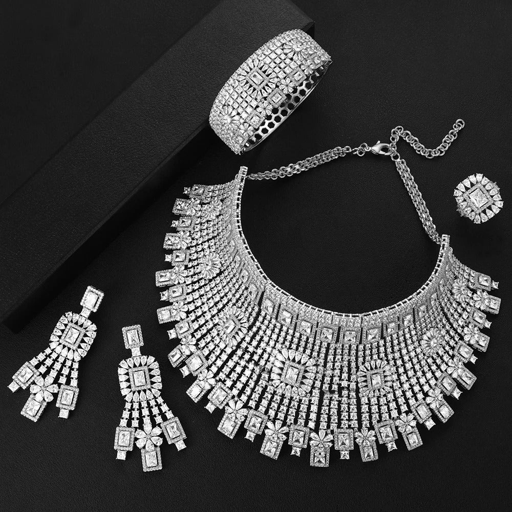 GODKI Luxury 4PCS Chokers Necklace Earring Sets Cubic Zirconia jewelry Sets for women Wedding Indian Bridal Jewelry Sets 2021