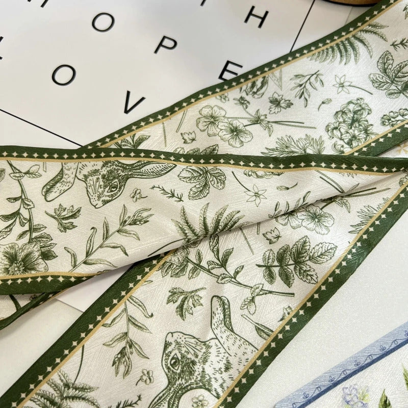 High-Grade Flower Print Long Silk Scarf Hair Band Ribbon Tied-up Hair Long Bow Vintage Satin Ribbon Hair Accessories For Women