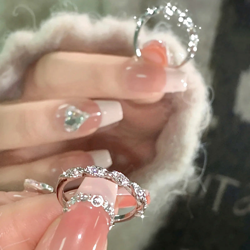 Twisted Love River Fragment Diamond Ring for Women, Niche High-End Light Luxury Ins Style Sparkling Plain Ring, Braided Open Jewelry