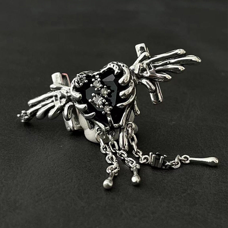 S925 Sterling Silver Dark Angel Black Zircon Wing Texture Tassel Necklace for Women High-end Design Sense Minimalist Style Collarbone Chain