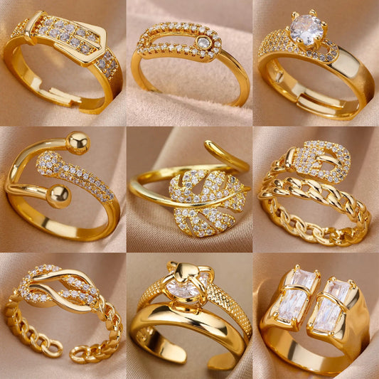 Hot Selling 18K Gold-Plated Full Diamond Titanium Steel Colorfast Open Ring Female Zircon Leaf Ring Female High Sense