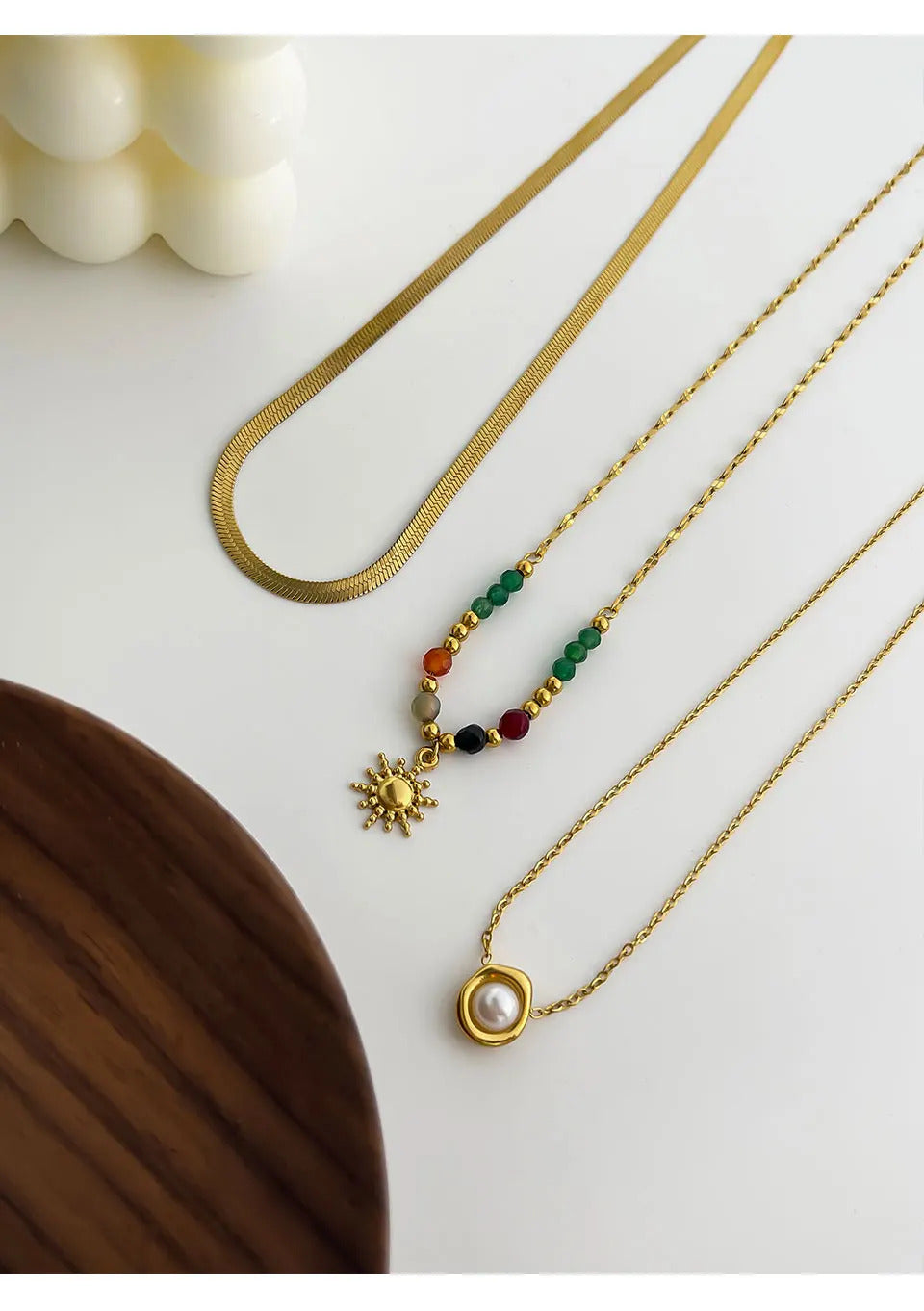 Peri'sbox Imitation Pearl Natural Stone Sunflower Pendant Necklace Women's Stainless Steel Flat Snake Chain Stackable Jewelry