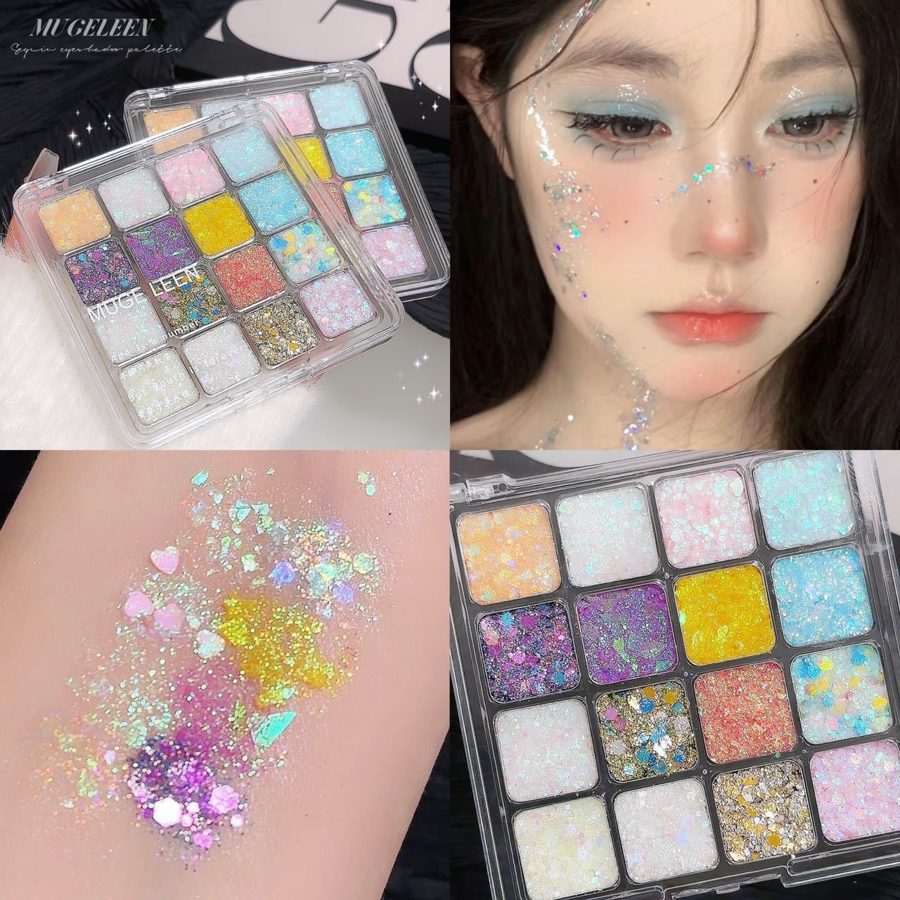 MUGE LEEN Sixteen Colors Mermaid Glitter Eyeshadow Palette Shimmering Sparkling Makeup Performance Mermaid Glitter