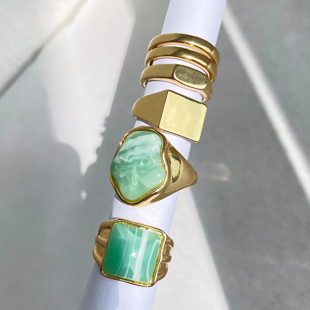 HZ 2021 New Korea 5pcs/set Colorful Stone Rhinestone Metal Chain Trendy Geometry Hit Rings Set for Women Girls Jewelry Gifts