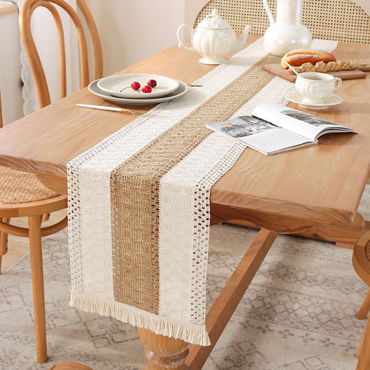 Nordic Minimalist Light Luxury Cotton Linen Table Runner Color Block Tassel Long Tablecloth Holiday Tea Table Runner Decoration