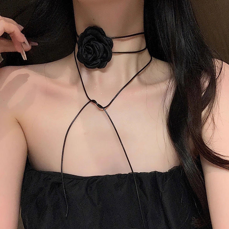 Black and White Flower Necklace Rose choker Neck Flower Neckband Necklace for Women Camellia Collarbone Chain